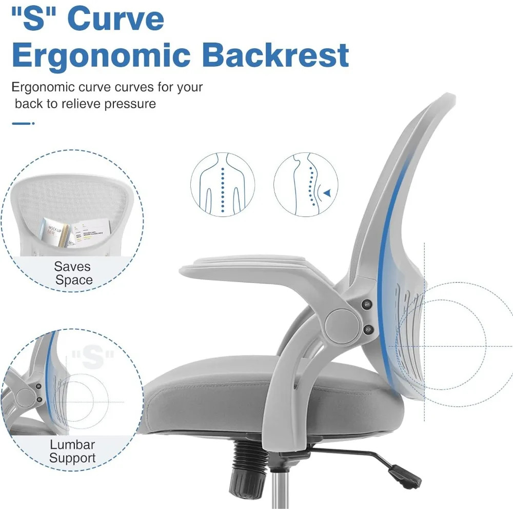 S curved ergonomic backrest features and lumbar support diagram